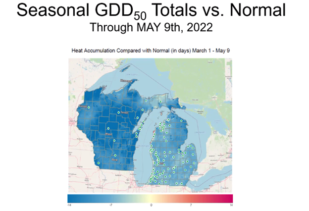 Figure 1. Summary of growing degree accumulations for the state prior to the warm weather that has moved into the state this week. This figure shows cold weather throughout Michigan. 